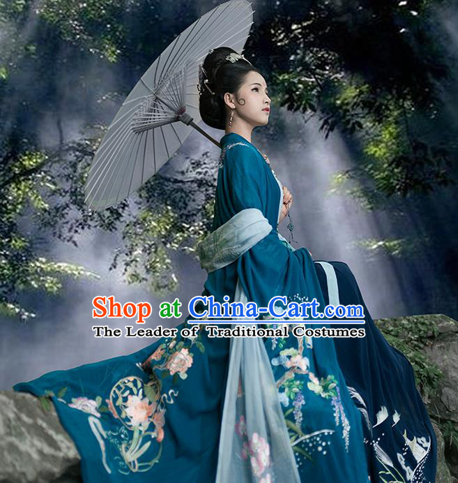 Traditional Chinese Ancient Hanfu Costume Peacock Blue Embroidered Cardigan, Asian China Jin Dynasty Wide Sleeve Cloak for Women