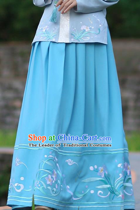 Asian Chinese Ming Dynasty Hanfu Costume Embroidered Blue Bust Skirt, Traditional China Ancient Princess Dress Clothing for Women