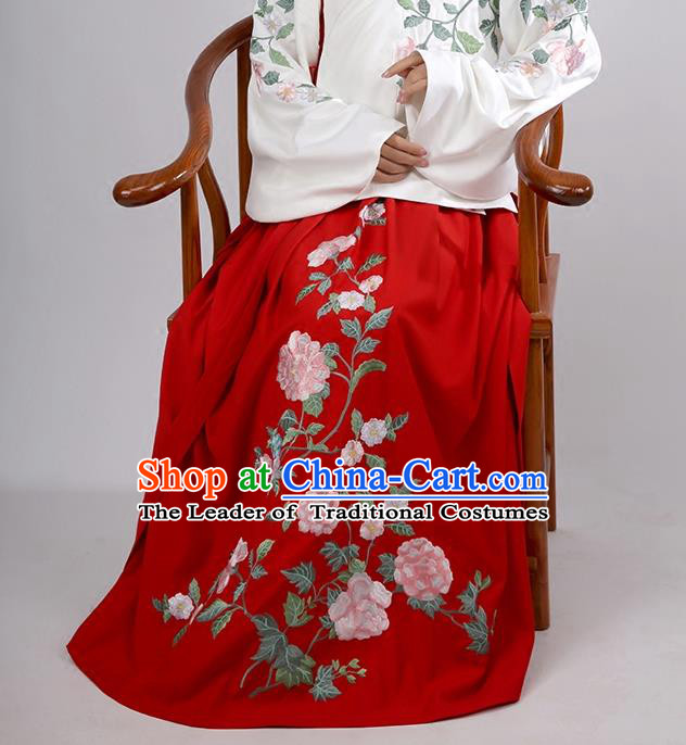 Asian Chinese Ming Dynasty Costume Hanfu Embroidery Red Skirt, Traditional China Ancient Embroidered Dress Clothing for Women