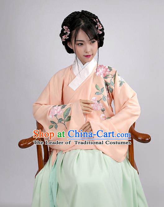 Asian Chinese Ming Dynasty Young Lady Costume Hanfu Embroidered Pink Blouse, Traditional China Ancient Princess Upper Outer Garment for Women