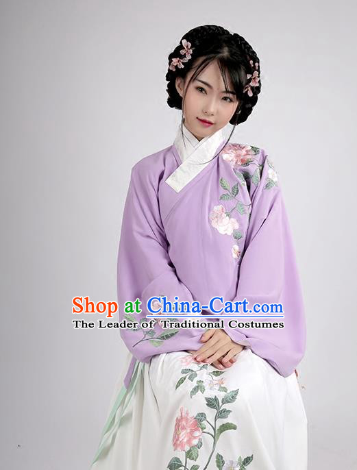Asian Chinese Ming Dynasty Young Lady Costume Hanfu Embroidered Purple Blouse, Traditional China Ancient Princess Upper Outer Garment for Women