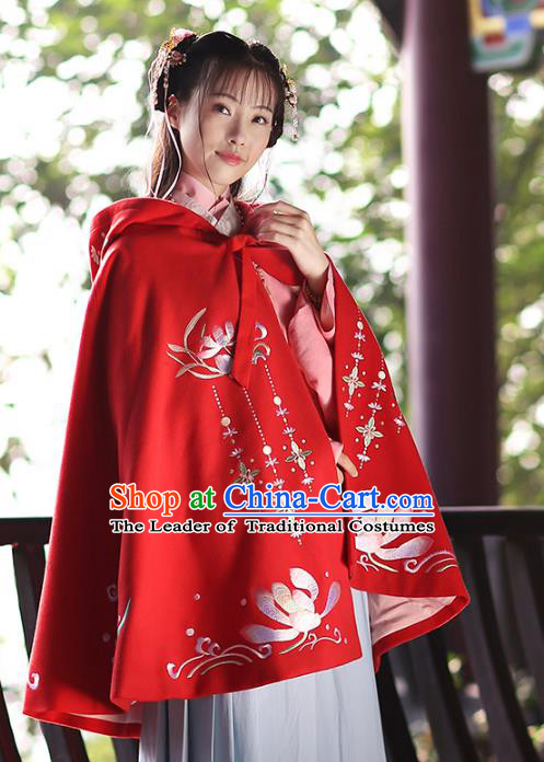 Asian Chinese Ming Dynasty Young Lady Costume Red Cloak, Ancient China Princess Embroidered Mantle Clothing for Women