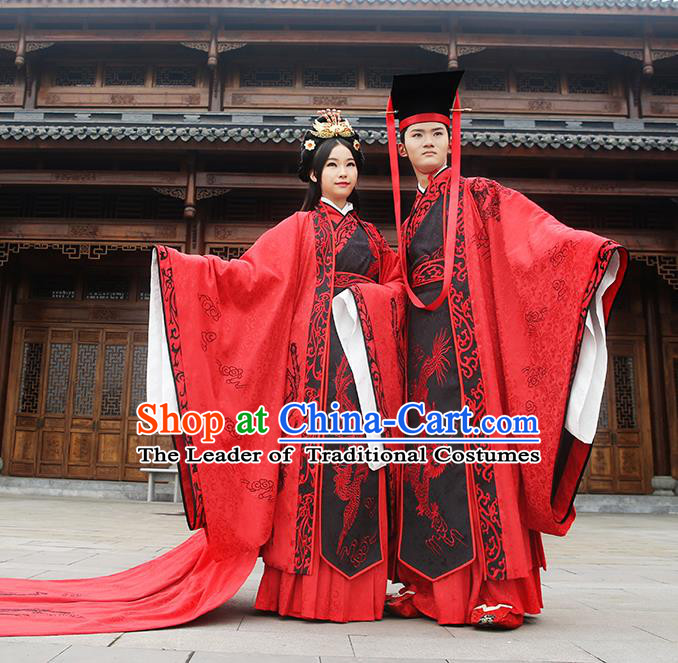 Asian Chinese Zhou Dynasty Wedding Costume Complete Set, Ancient China Bride and Bridegroom Embroidered Red Clothing for Women for Men