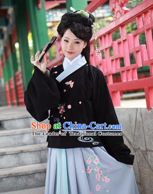 Asian Chinese Ming Dynasty Princess Costume Embroidery Black Blouse, Ancient China Palace Lady Embroidered Upper Outer Garment Clothing for Women