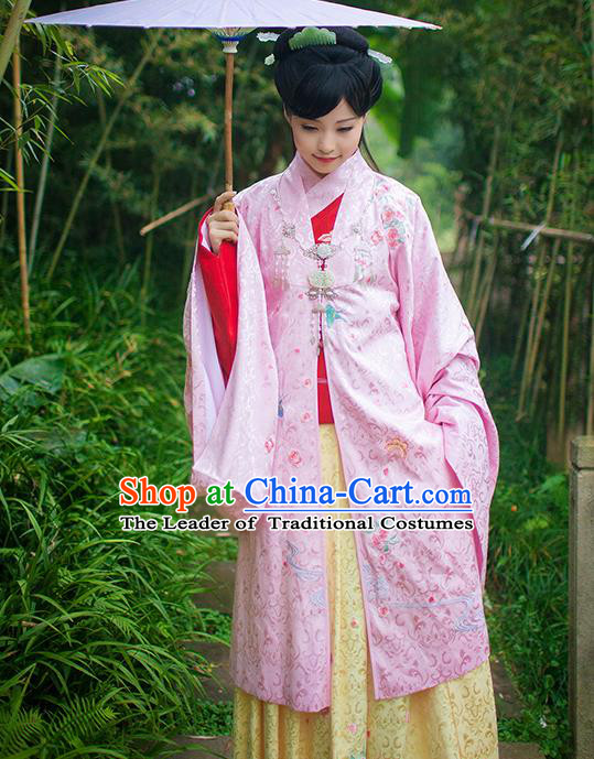 Asian Chinese Ming Dynasty Princess Costume Embroidery Pink Cloak, Ancient China Palace Lady Embroidered Cardigan Clothing for Women