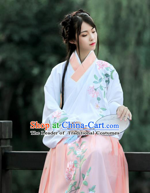 Asian Chinese Ming Dynasty Young Lady Costume Pink Embroidery Blouse, Ancient China Princess Embroidered Clothing for Women