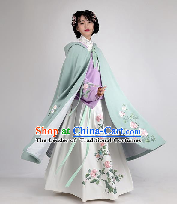 Asian Chinese Ming Dynasty Young Lady Costume Green Embroidery Wool Cloak, Ancient China Princess Embroidered Mantle Clothing for Women
