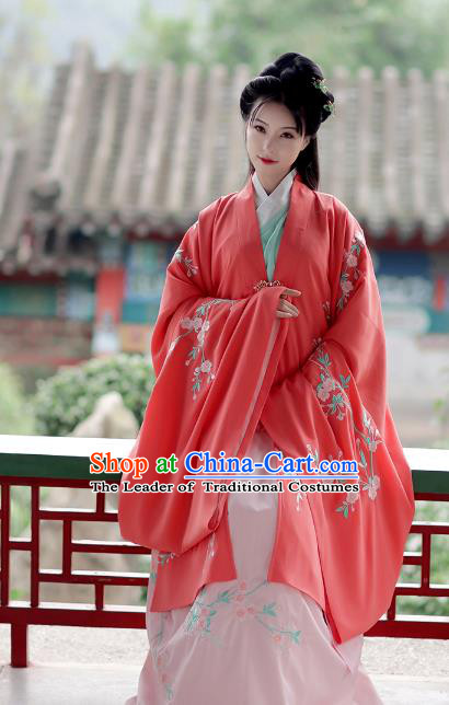 Asian Chinese Ming Dynasty Young Lady Costume Red Cloak, Ancient China Princess Embroidered Hanfu Wide Sleeve Cardigan for Women
