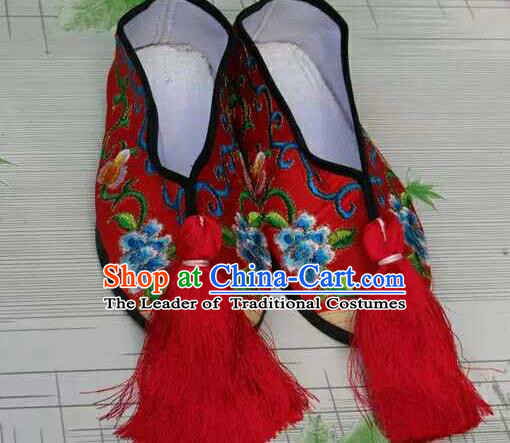 Traditional Chinese Peking Opera Diva Embroidered Shoes, China Ancient Beijing Opera Hua Tan Red Blood Stained Shoes for Women