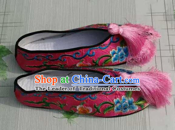 Traditional Chinese Peking Opera Diva Embroidered Shoes, China Ancient Beijing Opera Hua Tan Pink Blood Stained Shoes for Women