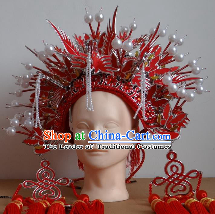 Traditional Chinese Ming Dynasty Imperial Empress Wedding Hats, China Ancient Bride Red Phoenix Coronet Headwear for Women