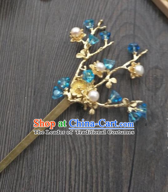 Traditional Handmade Chinese Hair Accessories Blue Crystal Hairpins, China Ancient Tang Dynasty Palace Lady Hanfu Hair Stick for Women