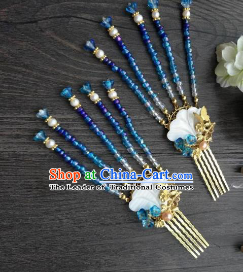 Traditional Handmade Chinese Hair Accessories Blue Beads Tassel Hair Comb Kanzashi, China Ancient Palace Lady Hanfu Hairpins for Women