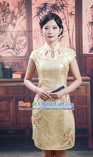 Traditional Ancient Chinese Republic of China Golden Silk Cheongsam, Asian Chinese Chirpaur Embroidered Qipao Dress Clothing for Women