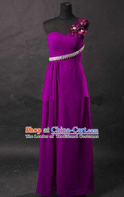 Traditional Chinese Modern Dancing Costume, Women Opening Classic Chorus Singing Group Paillette Purple Dress for Women