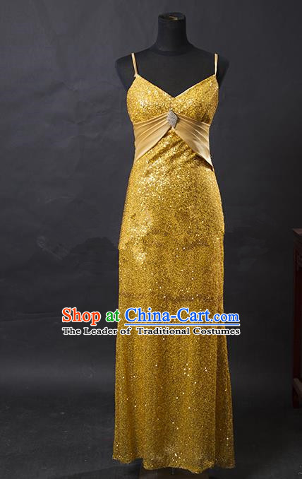 Traditional Chinese Modern Dancing Costume, Women Opening Classic Chorus Singing Group Golden Full Dress for Women