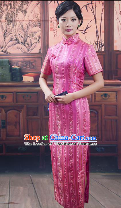 Traditional Ancient Chinese Republic of China Long Pink Cheongsam Costume, Asian Chinese Printing Silk Chirpaur Dress Clothing for Women