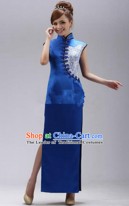 Traditional Ancient Chinese Republic of China Cheongsam Costume, Asian Chinese Blue Silk Chirpaur Clothing for Women