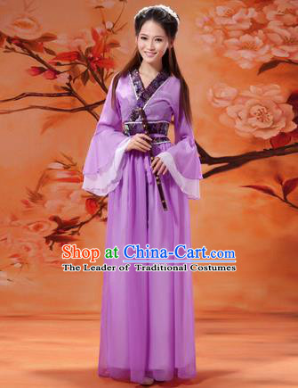 Asian China Ancient Tang Dynasty Imperial Concubine Costume, Traditional Chinese Hanfu Embroidered Purple Fairy Dress Clothing for Women