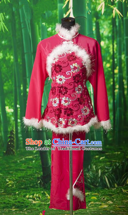 Traditional Chinese Classical Dance Yangge Fan Dancing Costume, Folk Dance Uniform Yangko Red Costume for Women