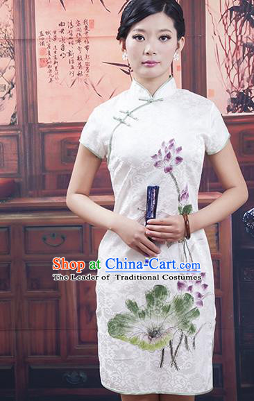 Traditional Chinese National Costume White Qipao Printing Lotus Cheongsam Dress for Women