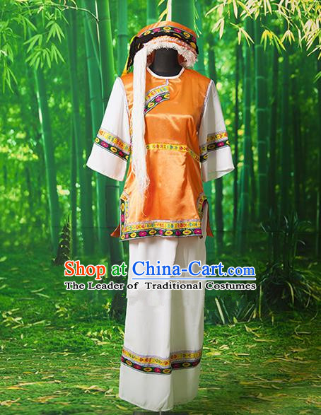 Traditional Chinese Bai Nationality Dancing Costume, Chinese Minority Nationality Embroidery Costume for Women