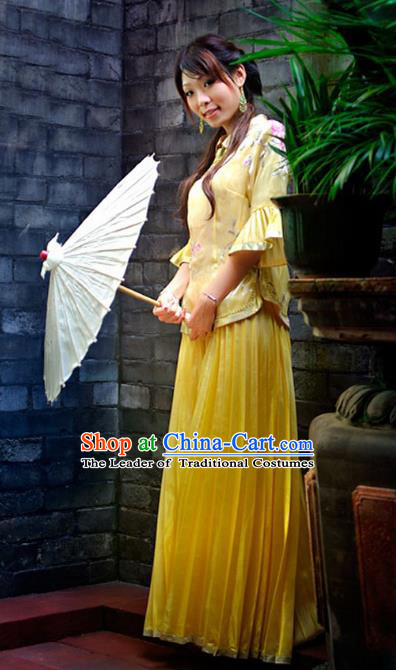 Traditional Ancient Chinese Manchu Nobility Lady Yellow Costume, Asian Chinese Qing Dynasty Embroidered Dress Clothing for Women