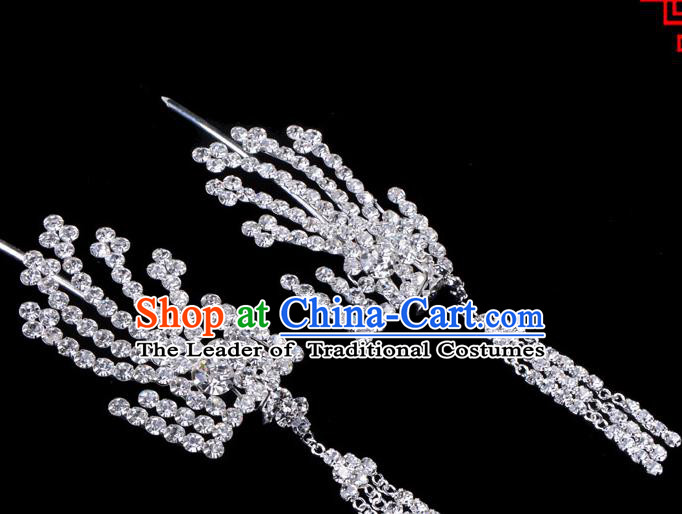 Traditional Beijing Opera Diva Hair Accessories Crystal Inclined Phoenix Tassel Hairpins, Ancient Chinese Peking Opera Hua Tan Hair Stick Headwear