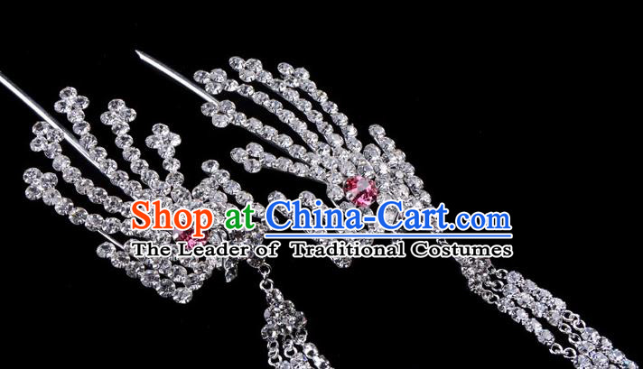 Traditional Beijing Opera Diva Hair Accessories Pink Crystal Inclined Phoenix Tassel Hairpins, Ancient Chinese Peking Opera Hua Tan Hair Stick Headwear