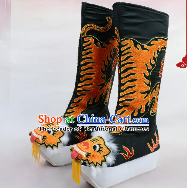 Traditional Beijing Opera Emperor Embroidered Black Boots Tiger-head Shoes, Ancient Chinese Peking Opera Takefu Satin Embroidery High Leg Boots