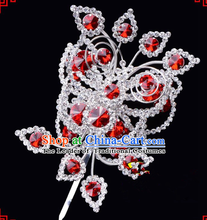 Traditional Beijing Opera Diva Hair Accessories Red Crystal Butterfly Large Hairpins, Ancient Chinese Peking Opera Hua Tan Hair Stick Headwear