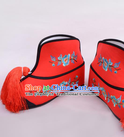 Traditional Beijing Opera Swordplay Embroidered Red Boots Young Lady Shoes, Ancient Chinese Peking Opera Blues Shoes
