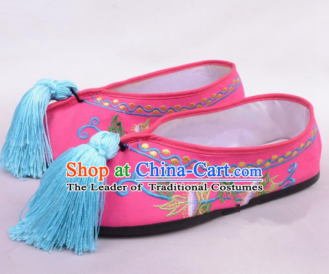 Traditional Beijing Opera Hua Tan Embroidered Shoes Princess Rosy Shoes, Ancient Chinese Peking Opera Diva Blood Stained Shoes