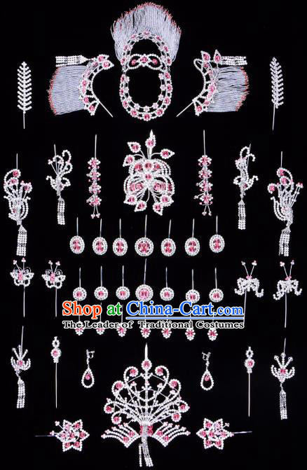 Traditional Beijing Opera Diva Hair Accessories Pink Crystal Butterfly Head Ornaments Complete Set, Ancient Chinese Peking Opera Hua Tan Hairpins Phoenix Step Shake Headwear