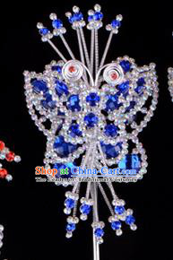 Traditional Beijing Opera Diva Hair Accessories Royalblue Crystal Butterfly Head Ornaments Hairpins, Ancient Chinese Peking Opera Hua Tan Hairpins Headwear