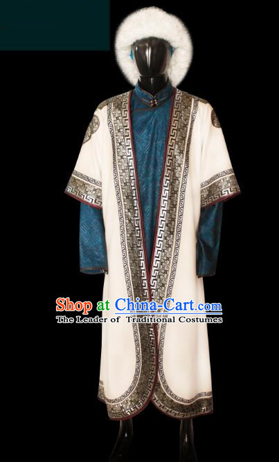 Traditional Chinese Mongol Nationality Dance Costume Mongolian Robe, Chinese Mongolian Minority Nationality Royal King Embroidery Costume for Men