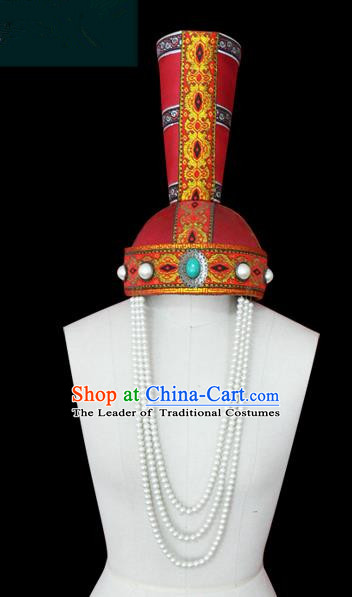 Traditional Chinese Mongol Nationality Hair Accessories Mongols Princess Pearls Tassel Hat, Chinese Mongolian Minority Nationality Headwear for Women
