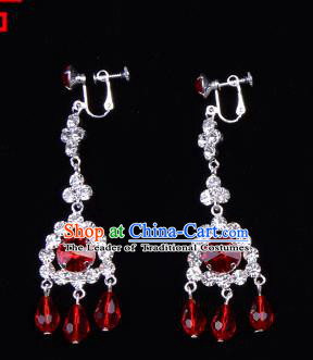Traditional Beijing Opera Diva Jewelry Accessories Red Crystal Earrings, Ancient Chinese Peking Opera Hua Tan Tassel Eardrop