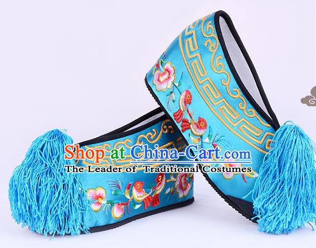 Traditional Beijing Opera Hua Tan Embroidered Shoes Young Lady Princess Shoes, Ancient Chinese Peking Opera Diva Deep Blue Blood Stained Shoes