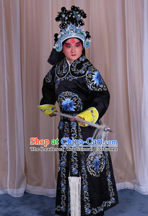 Traditional China Beijing Opera Takefu General Costume, Ancient Chinese Peking Opera Wu-Sheng Warrior Embroidery Black Clothing