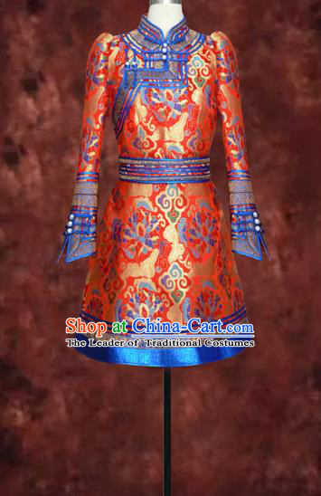 Traditional Chinese Mongol Nationality Dance Costume, Mongols Female Folk Dance Ethnic Wedding Robe, Chinese Mongolian Minority Nationality Embroidery Costume for Women