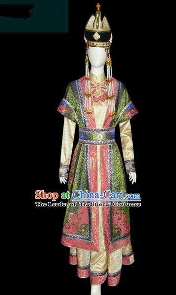 Traditional Chinese Mongol Nationality Dance Costume, Female Folk Dance Green Satin Mongolian Robe, Chinese Mongolian Minority Nationality Embroidery Costume for Women