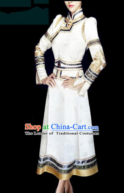 Traditional Chinese Mongol Nationality Folk Dance Costume White Mongolian Robe, Chinese Mongolian Minority Nationality Princess Embroidery Costume for Women