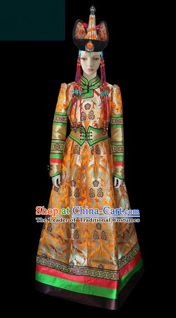 Traditional Chinese Mongol Nationality Dance Costume Palace Lady Golden Mongolian Robe, Chinese Mongolian Minority Nationality Princess Embroidery Costume for Women