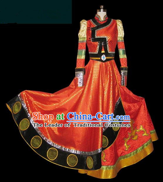 Traditional Chinese Mongol Nationality Dance Costume Young Lady Rosy Pleated Skirt, Chinese Mongolian Minority Nationality Princess Embroidery Wedding Costume for Women