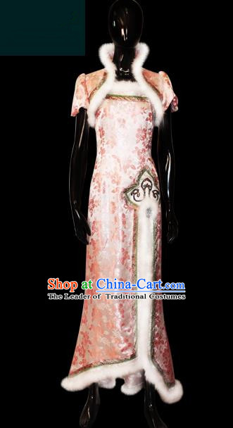 Traditional Chinese Modern Dancing Compere Performance Costume, Opening Classic Chorus Singing Group Dance Pink Cheongsam Dress for Women