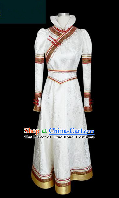 Traditional Chinese Mongol Nationality Dance Costume White Mongolian Robe, Chinese Mongolian Minority Nationality Young Lady Embroidery Dress for Women