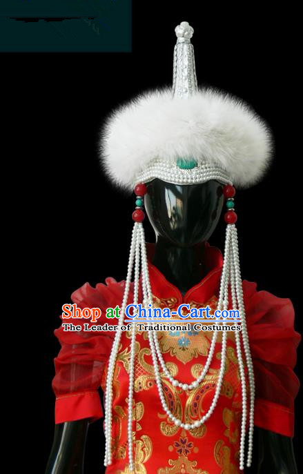Traditional Chinese Mongol Nationality Princess White Wool Hat, Chinese Mongolian Minority Nationality Beads Tassel Headwear for Women