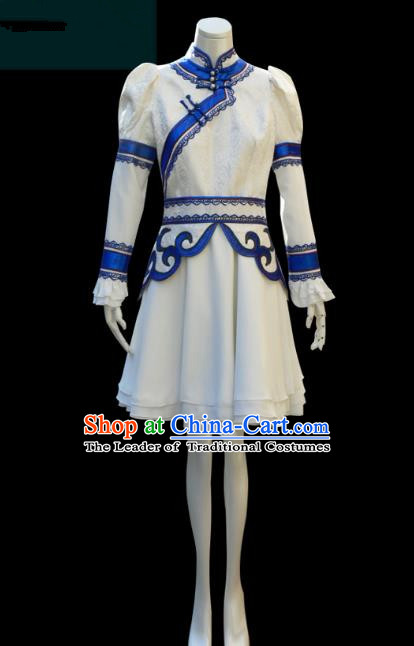 Traditional Chinese Mongol Nationality Costume Female White Short Mongolian Robe, Chinese Mongolian Minority Nationality Clothing for Women