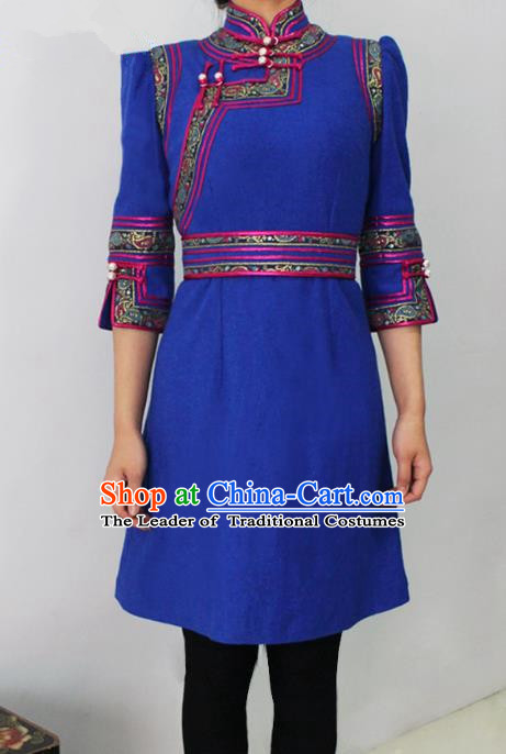 Traditional Chinese Mongol Nationality Dance Costume Middle Sleeve Blue Short Dress, Chinese Mongolian Minority Nationality Princess Mongolian Robe for Women